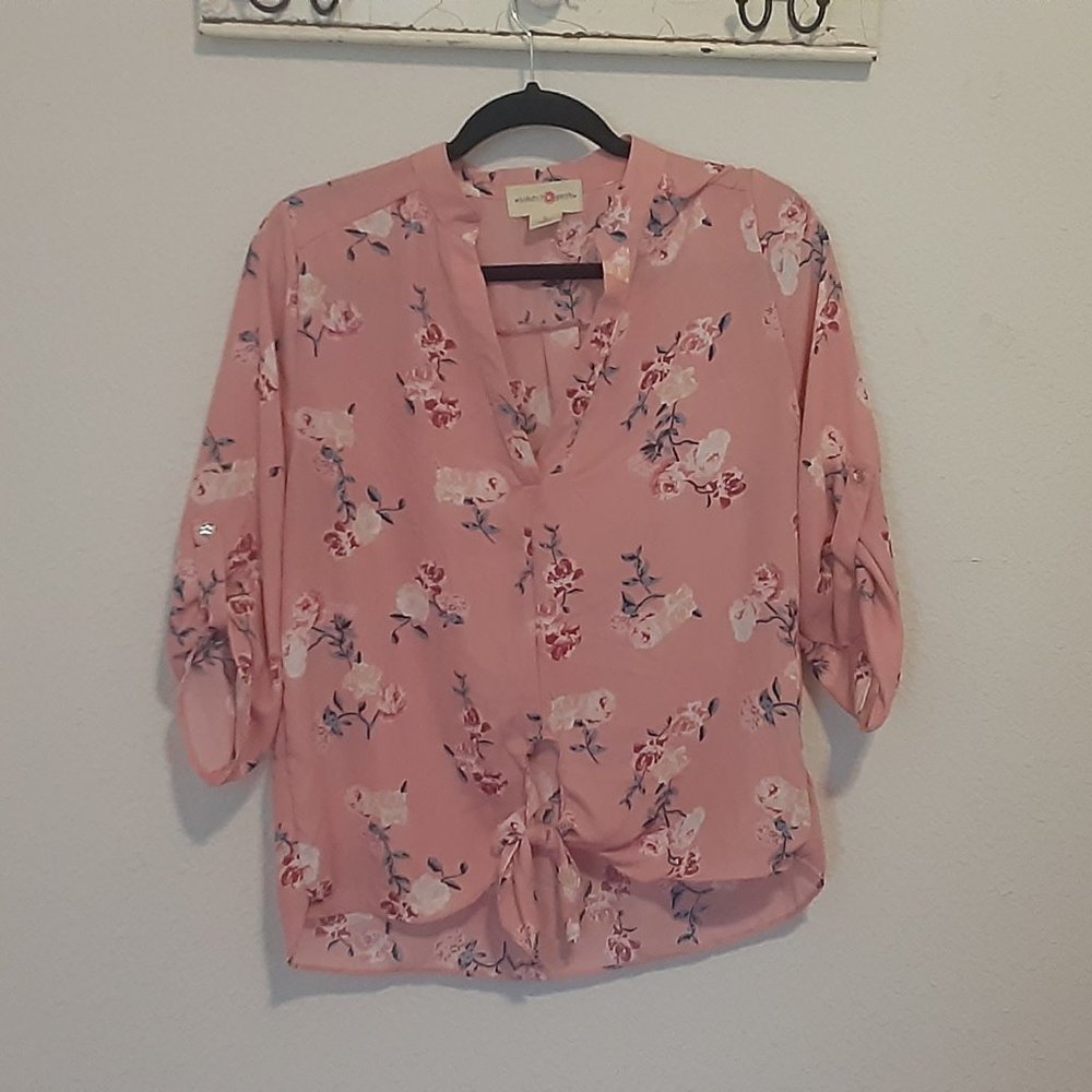 3/4 sleeves pink floral blouse tied up L